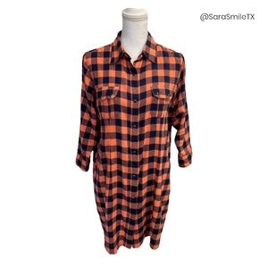 {WRANGLER} Coral & Navy Plaid Flannel Long Sleeve Mini Shirt Dress